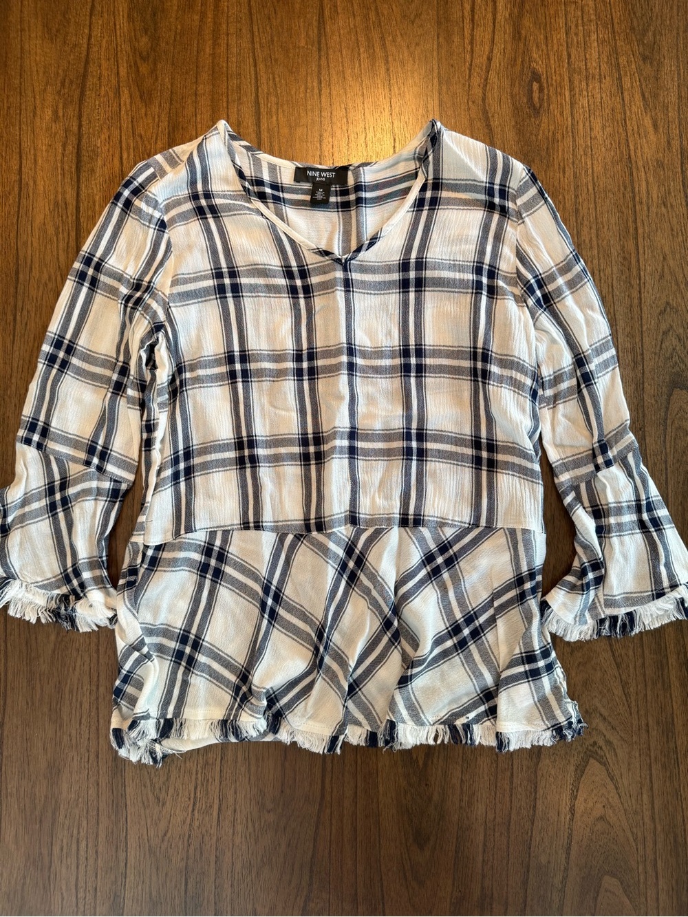 Nine West White and Navy Plaid Blouse